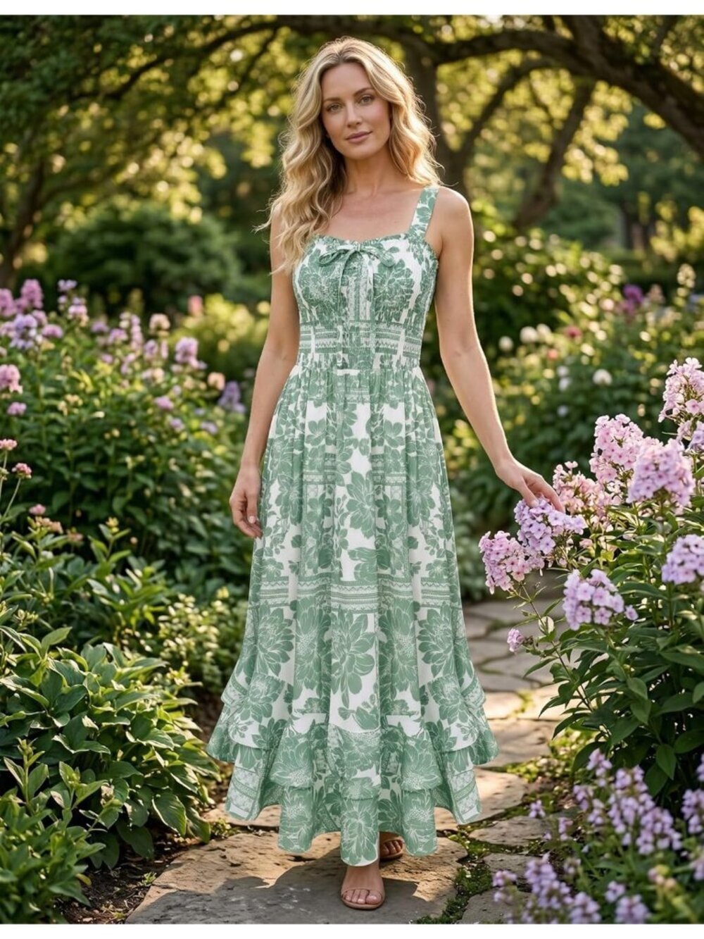 〽️Women's White Green Square Neck Strapped A LINE Boho Floral Long Maxi Dress